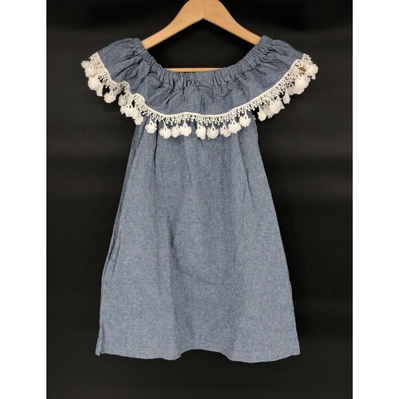 5L2F Denim Off-Shoulder Dress With White Tassel Trim Girls S Blue USA Boho Chic - Picture 1 of 8